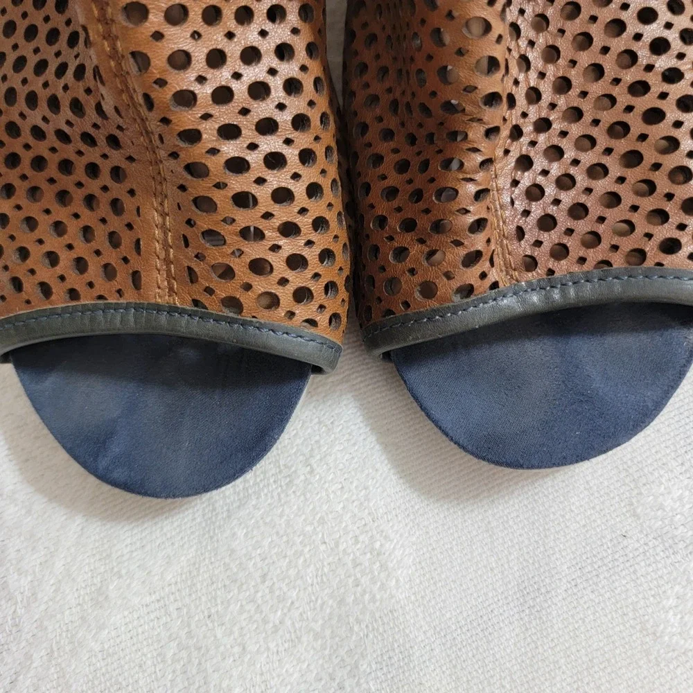 Pikolinos Bali Wedge Sandals Brown Blue Perforated Leather Peep Toe EU 41‎ US 10